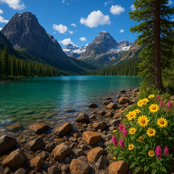 Discover a puzzle with a stunning alpine lake framed by jagged, snow-capped mountains, a turquoise shoreline, and a foreground of golden and magenta wildflowers