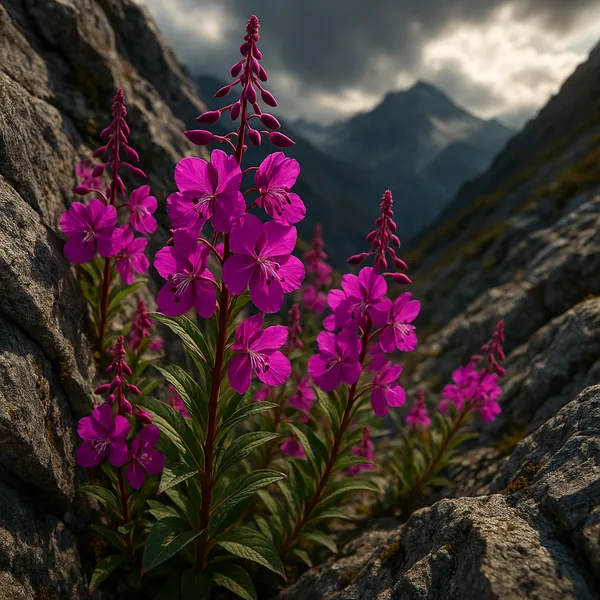 Discover a puzzle with vivid magenta wildflowers pushing up between rugged gray rocks in a high mountain pass, their bright petals sharply contrasted against br
