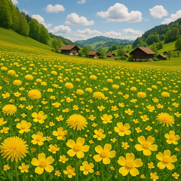 Discover a puzzle with a sunlit meadow full of bright yellow dandelions and buttercups stretching toward rolling green hills, dotted with charming wooden chalet