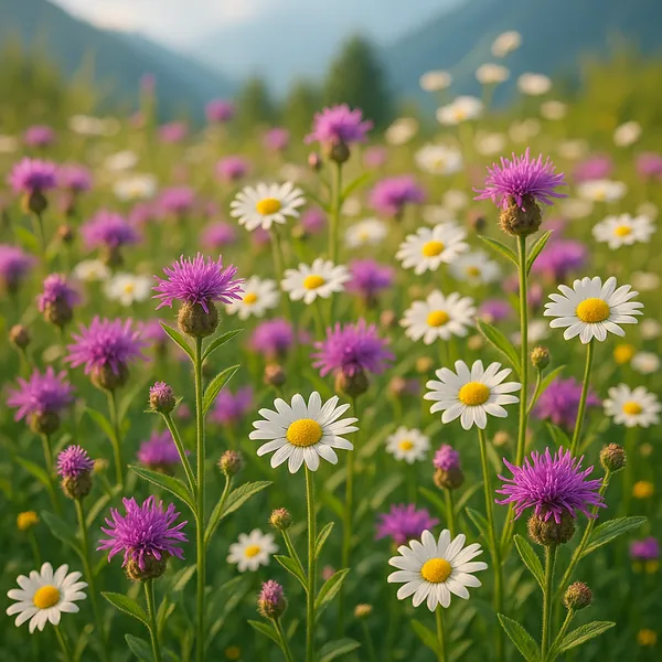 Discover a puzzle with a sunlit wildflower meadow of white daisies and vivid purple thistle-like blooms set against soft green stems and distant hazy hills.