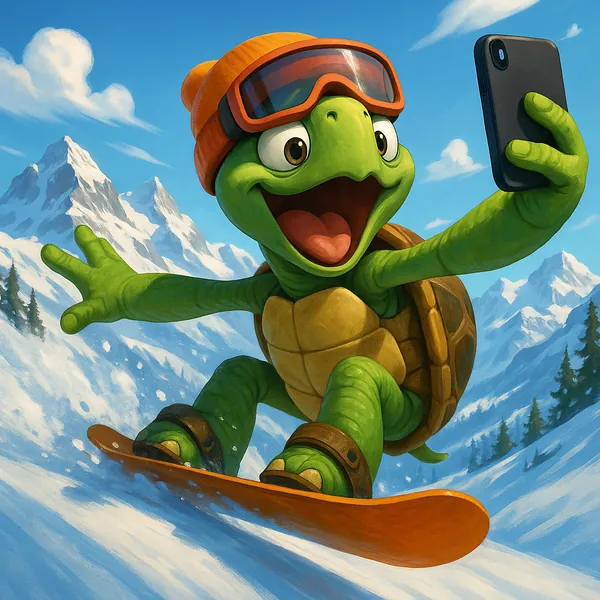 Enjoy assembling a puzzle depicting a cheerful cartoon turtle snowboarding down powdery slopes while snapping a selfie, a bright scene made for PuzzleFree.Game.