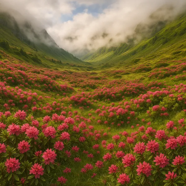 Discover a puzzle with a misty alpine valley carpeted in vibrant pink wildflowers and lush green hills.