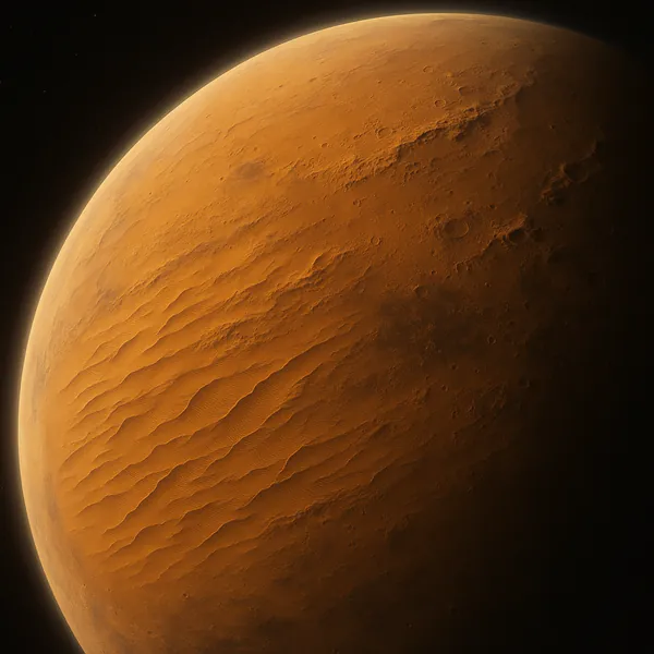 Discover a puzzle with a dramatic close-up view of Mars, showcasing warm orange and rust tones, rippling sand dunes, and scattered craters beneath a soft halo a
