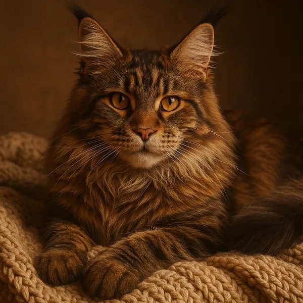 Discover a puzzle featuring a regal, long-haired tabby cat with deep amber eyes resting on a chunky knit blanket.