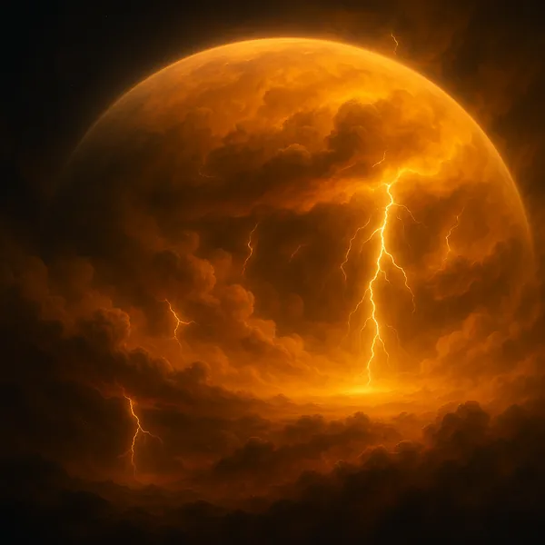 Try solving a puzzle that shows a dramatic, otherworldly scene of a glowing orange planet swallowed in swirling, stormy clouds and struck by bright lightning.