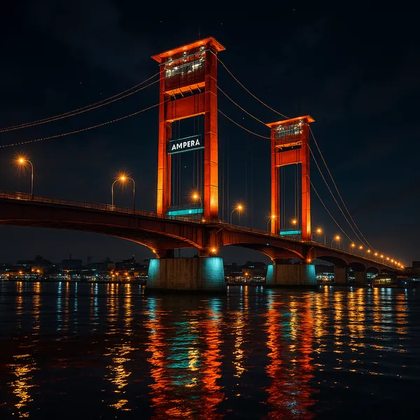 Discover a puzzle with the iconic Ampera Bridge glowing against a deep night sky, its bold red towers and string lights reflected in rippling river water.