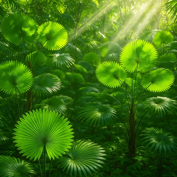 Discover a puzzle with a lush, sunlit forest scene of vivid green, fan-shaped palm leaves fanning out like delicate umbrellas.