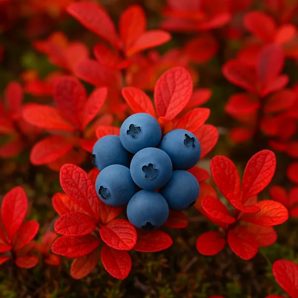Discover a puzzle with a close-up cluster of velvety blue berries nestled among vivid red leaves.