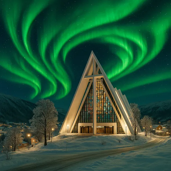 Discover a puzzle with a striking A-frame church glowing warmly against a starry night, beneath swirling green northern lights.