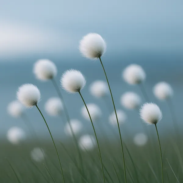Discover a puzzle with delicate, cotton‑like seed heads rising on slender green stems against a soft blue‑green sky.