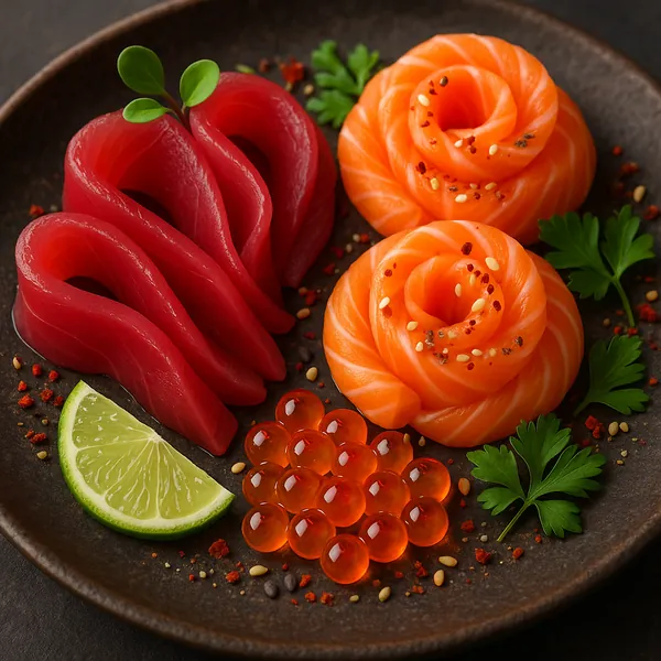 Discover a puzzle with a close-up plate of artful sashimi: vivid orange salmon rose swirls, deep ruby-red tuna ribbons, glistening amber ikura pearls, a zesty l