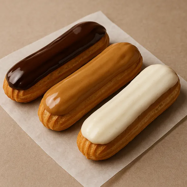 Enjoy assembling a puzzle depicting three glossy éclairs lined up on parchment, each topped with rich dark chocolate, smooth caramel, and creamy vanilla glazes.