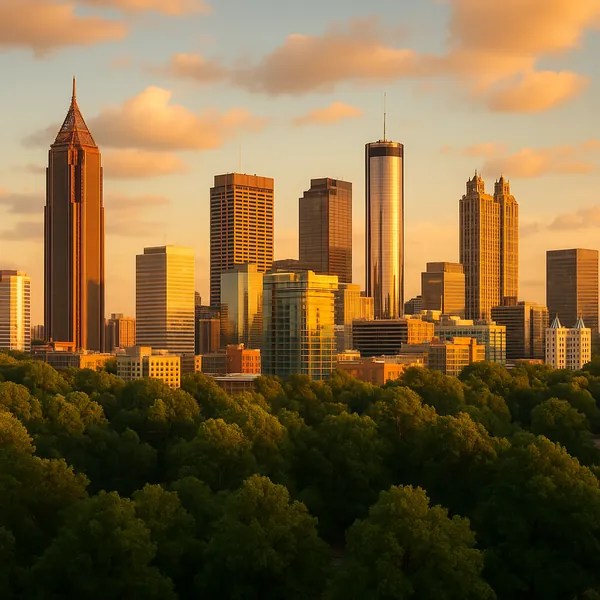 Discover a puzzle with a warm city skyline at golden hour, where sunlit skyscrapers glow in soft amber and rose tones above a lush green canopy.