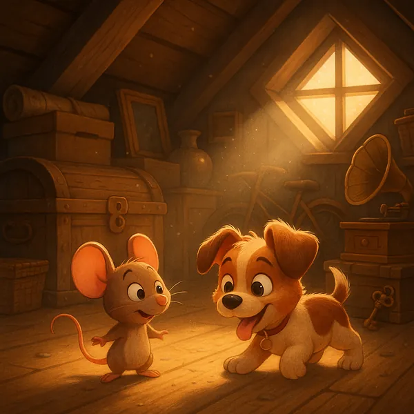 Discover a puzzle with a playful puppy and a curious mouse meeting in a warm, sunlit attic.