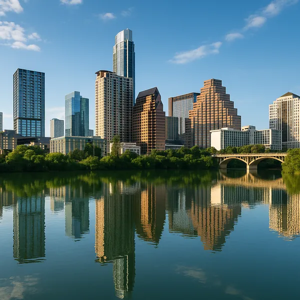 Discover a puzzle with a sunlit city skyline reflected perfectly in a calm river, featuring modern skyscrapers, a graceful arched bridge, and a band of lush gre