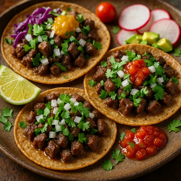 Try solving a puzzle that shows three savory street-style tacos on a rustic plate, piled with tender diced beef, bright green cilantro, and diced white onion, w