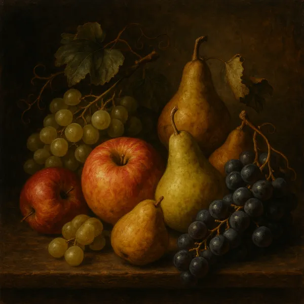 Enjoy an online jigsaw puzzle designed for browser play, featuring a classic still-life arrangement of fruit and table-top art.