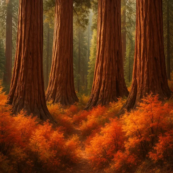 Enjoy an online jigsaw puzzle designed for browser play, featuring a tranquil nature scene of towering sequoias rising above a carpet of autumn foliage.