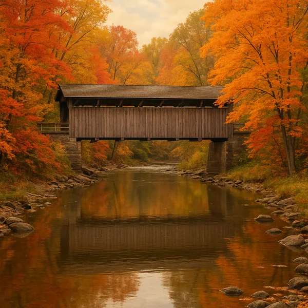 Enjoy an online jigsaw puzzle designed for browser play, featuring a peaceful autumn landscape with a charming covered bridge.