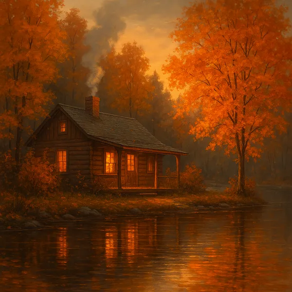 Discover a puzzle with a cozy log cabin tucked beside a quiet lake, its warm windows glowing against a backdrop of vivid orange and amber autumn trees.