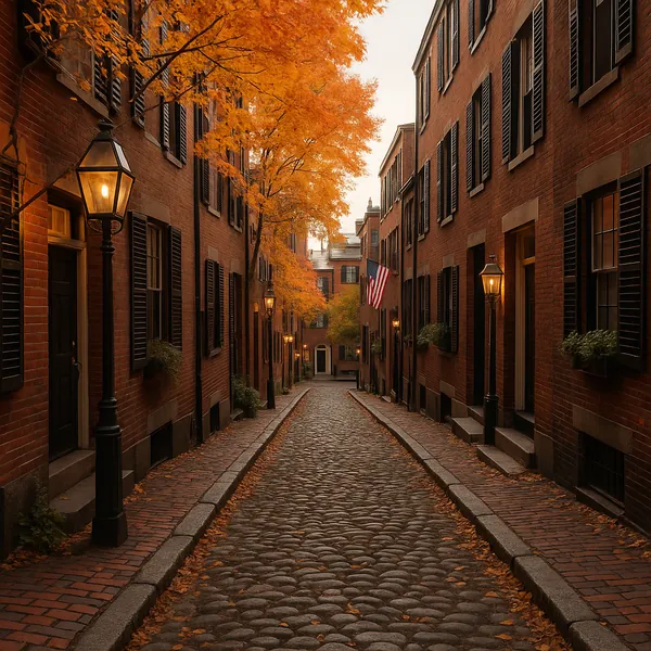 Discover a puzzle with a quiet, historic cobblestone lane flanked by warm red brick row houses and softly glowing street lamps.