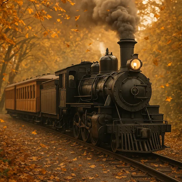 Discover a puzzle with a vintage steam locomotive chugging through an amber autumn forest, its black iron engine glowing softly under a single headlight as gold