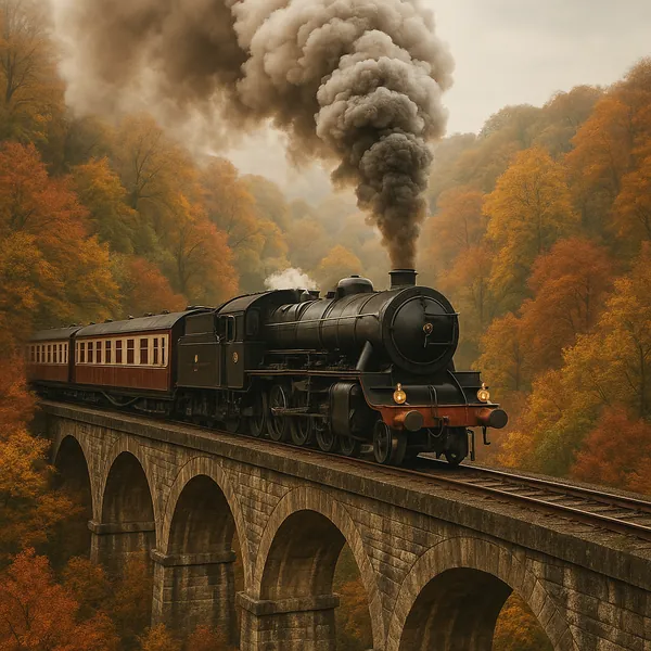 Discover a puzzle with a vintage steam train crossing a graceful stone viaduct amid a golden autumn forest.