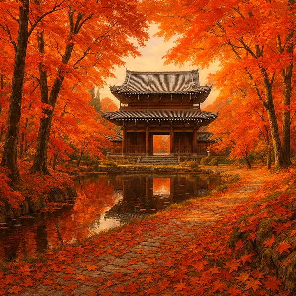 Discover a puzzle with a serene autumn scene of a traditional wooden temple framed by brilliant red and orange maple trees.