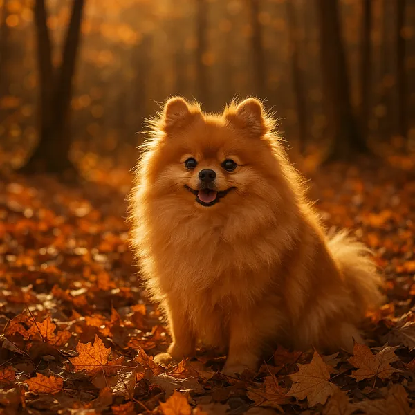 Enjoy assembling a puzzle depicting an adorable fluffy Pomeranian sitting among golden autumn leaves in a sunlit forest.