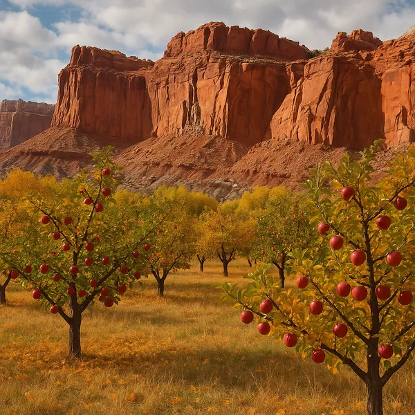 Enjoy an online jigsaw puzzle designed for browser play, featuring a peaceful nature scene of an apple orchard set against dramatic red rock cliffs.