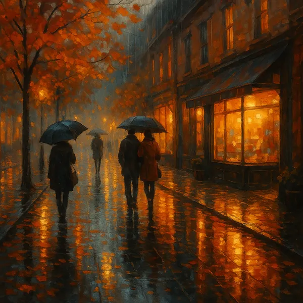 Enjoy assembling a puzzle depicting a rainy autumn evening on a city street, where couples and passersby stroll under umbrellas past warmly lit shop windows.