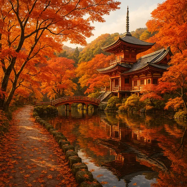 Discover a puzzle with a serene Japanese pagoda beside a mirrored pond, framed by a winding leaf-strewn path and a graceful arched bridge.
