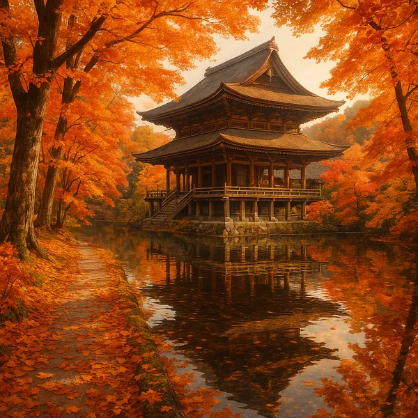Discover a puzzle with a serene autumn scene of a traditional wooden Japanese temple set beside a still pond, its layered roof and wooden balustrades reflected