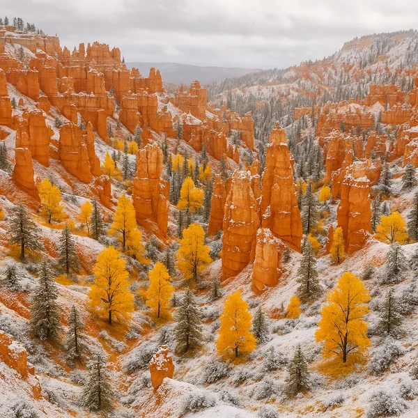 Enjoy an online jigsaw puzzle designed for browser play, featuring a striking nature scene of red rock hoodoos and autumn trees dusted with snow.
