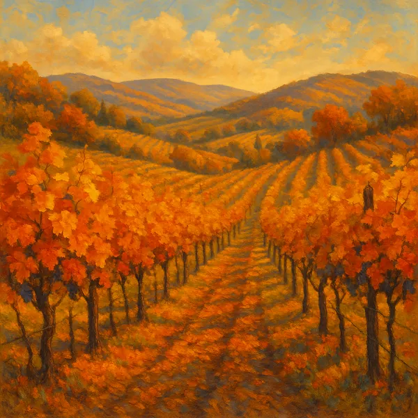 Discover a puzzle with a sunlit autumn vineyard stretching into rolling hills, where rows of grapevines glow in warm golds, oranges, and russet reds against a s
