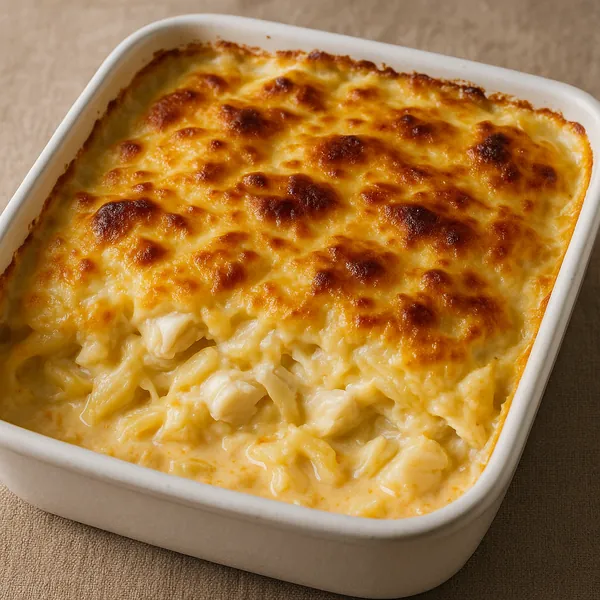 This is an online jigsaw puzzle you can enjoy right in your browser, featuring a mouthwatering food scene of a baked cheesy casserole in a simple white baking d