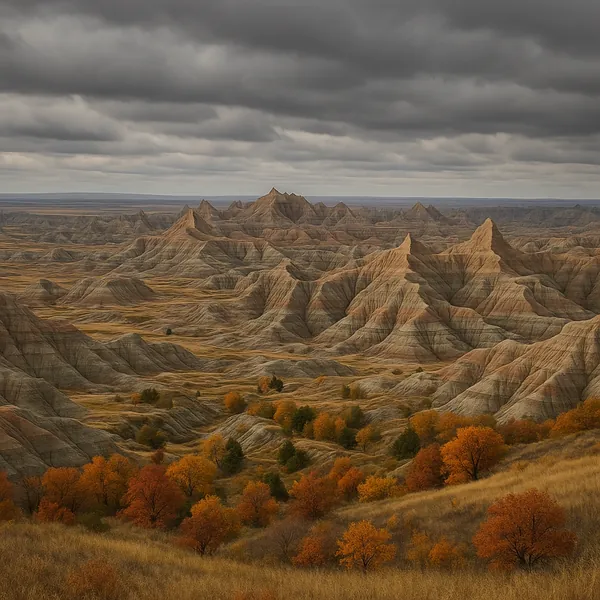 Play an online jigsaw puzzle in your browser that shows a dramatic badlands landscape, a nature-themed scene rich with autumnal colors and sweeping geological f