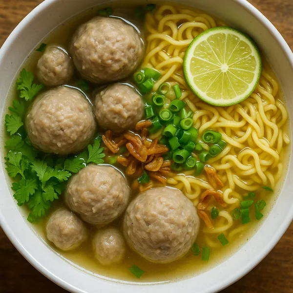 Enjoy assembling a puzzle depicting a steaming bowl of noodle soup topped with plump meatballs, a bright lime slice, chopped green onions, cilantro, and golden