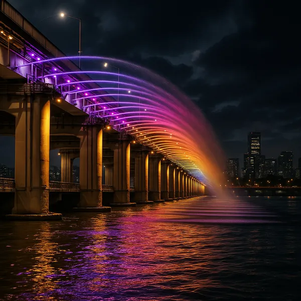 Discover a puzzle with a glowing nighttime bridge that sprays rainbow arcs of light over a calm river.