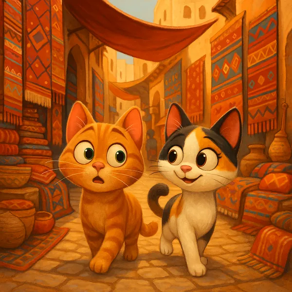 Discover a puzzle with two adorable cats exploring a sunlit bazaar on PuzzleFree.Game.