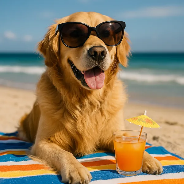 Enjoy assembling a puzzle depicting a sunlit Golden Retriever lounging on a colorful striped beach towel with oversized sunglasses and a refreshing orange drink