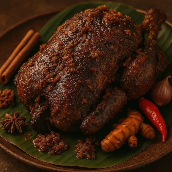 Enjoy assembling a puzzle depicting a richly glazed roasted bird plated on a green banana leaf surrounded by warm spices — cinnamon sticks, star anise, turmeric