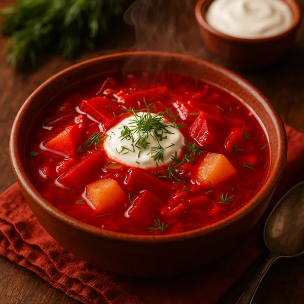 Try solving a puzzle that shows a steaming bowl of vibrant beet-red borscht topped with a creamy dollop of sour cream and sprinkled dill.