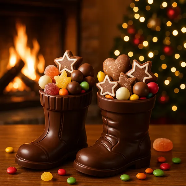 Enjoy assembling a puzzle depicting two chocolate boots overflowing with colorful candies, star and heart-shaped gingerbread cookies, and sugared treats set on