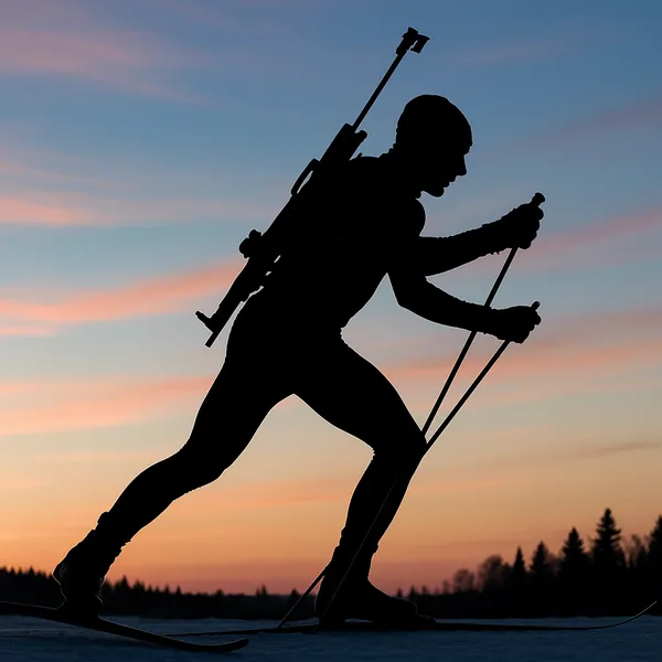 This online jigsaw puzzle features a striking winter sports scene of a skier gliding at dusk, perfect for fans of outdoor and athletic imagery.