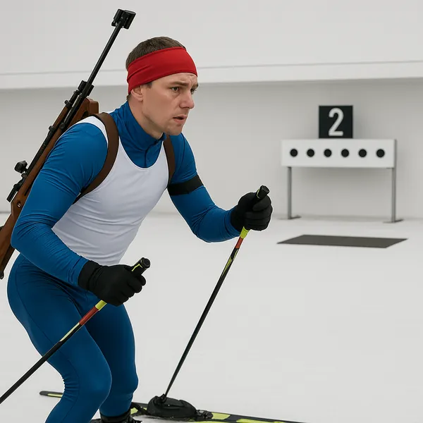 Enjoy an online jigsaw puzzle designed for browser play, featuring a winter sports scene of biathlon in action.