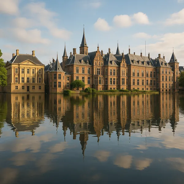 Discover a puzzle with a sunlit historic castle rising above a glassy lake, its warm brick and stone facades mirrored perfectly in the calm water beneath a soft