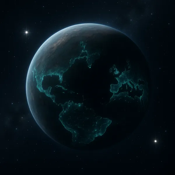 Discover a puzzle with a glowing, night-side view of Earth floating in deep space, where teal city lights trace the outlines of the Americas, Europe, and Africa