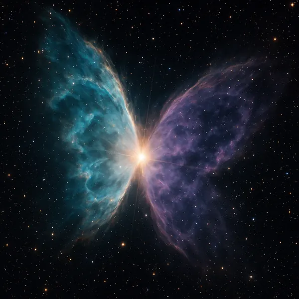Discover a puzzle with a stunning celestial scene: a bright central star flares between two expansive, wing-like nebulae—one in cool teal and the other in soft