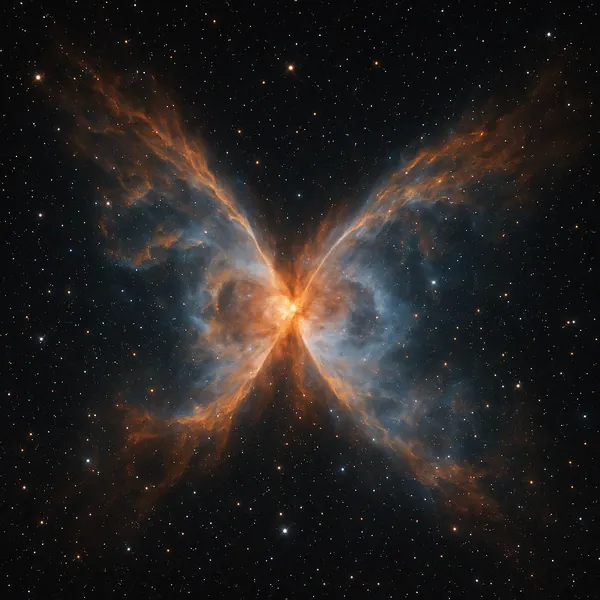Discover a puzzle with a mesmerizing cosmic scene: a radiant nebula shaped like a glowing butterfly, with fiery orange filaments and soft blue-gray clouds again